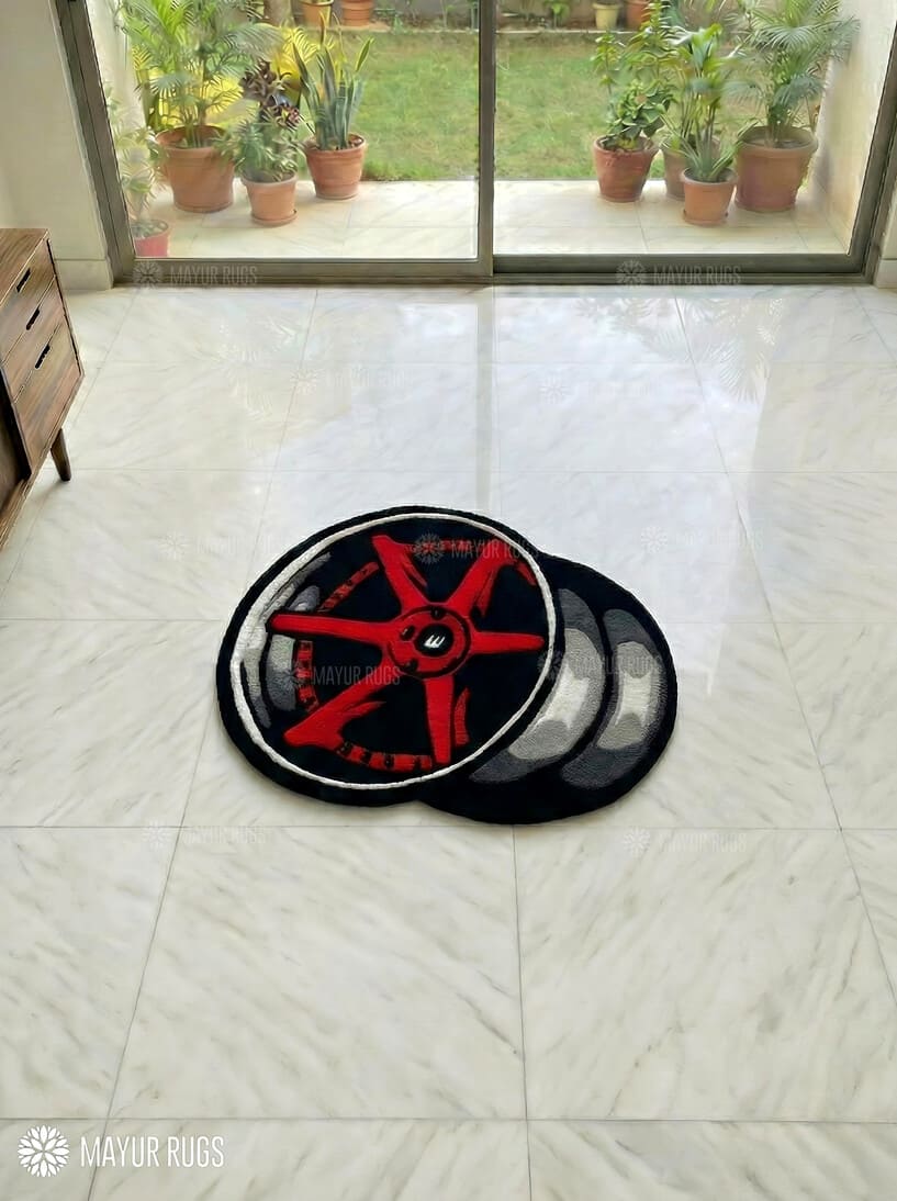 Alloy wheel inspired handtufted handmade wool rug with automotive design, premium custom area rug by Mayur Rugs