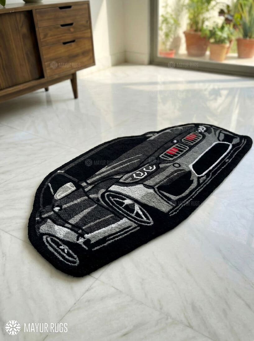BMW M inspired handmade wool rug with motorsport performance design, premium custom area rug by Mayur Rugs