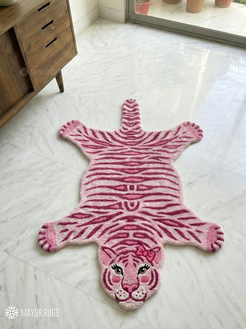 Pink tiger inspired handmade wool rug with bold wildlife pop art design, premium custom area rug by Mayur Rugs
