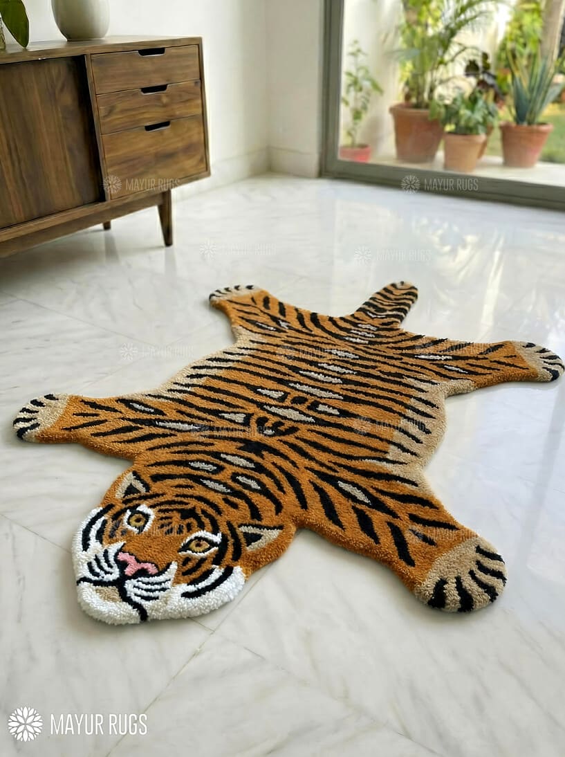 Wild Majesty tiger inspired handmade wool rug with realistic wildlife design, premium custom area rug by Mayur Rugs