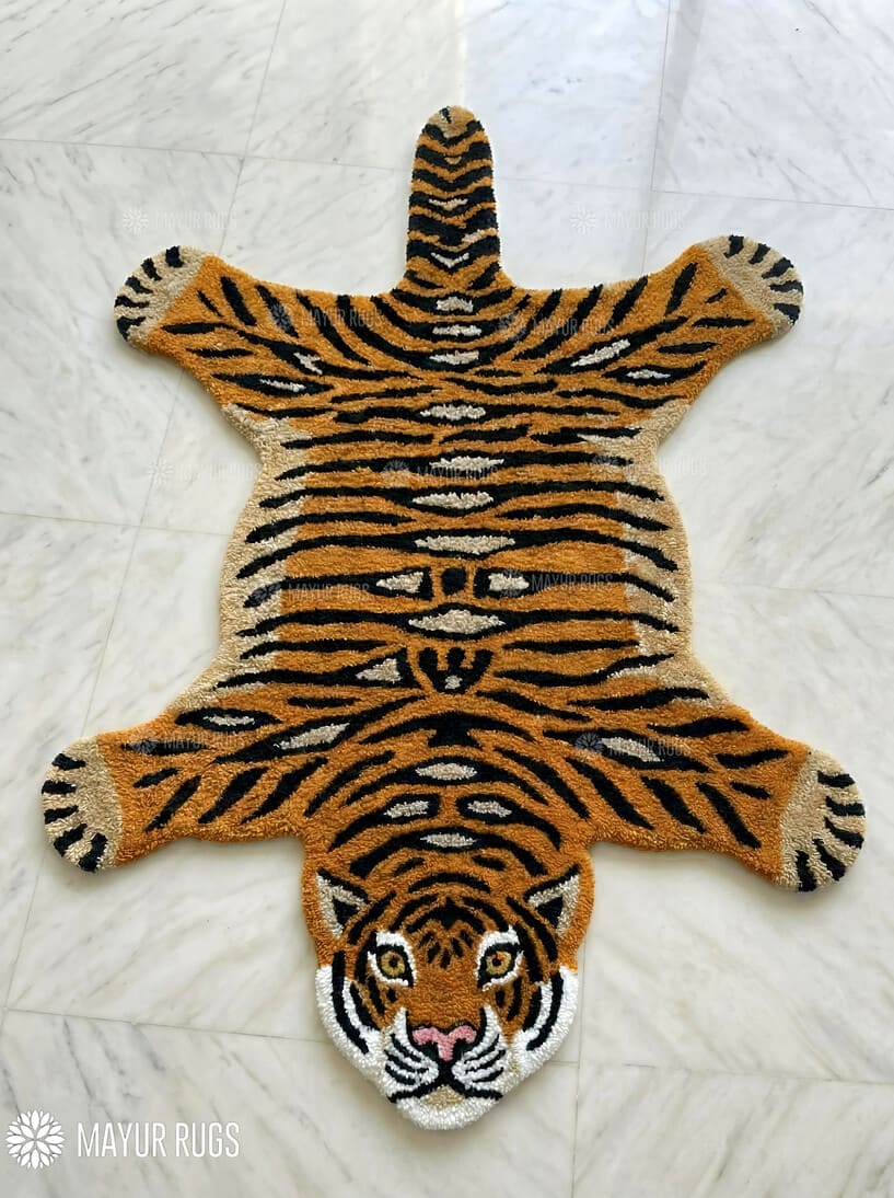 Wild Majesty tiger inspired handmade wool rug with realistic wildlife design, premium custom area rug by Mayur Rugs