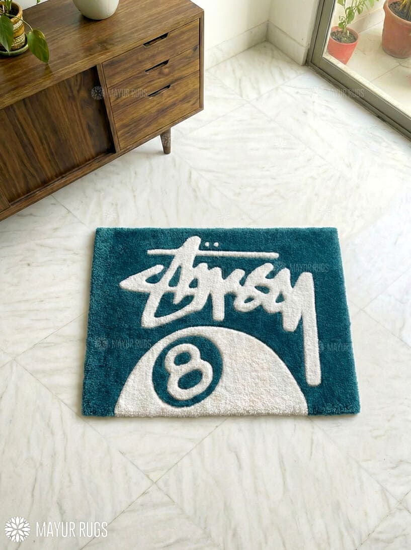 Crimson 8 ball typography handmade wool rug with bold billiards design, premium custom area rug by Mayur Rugs