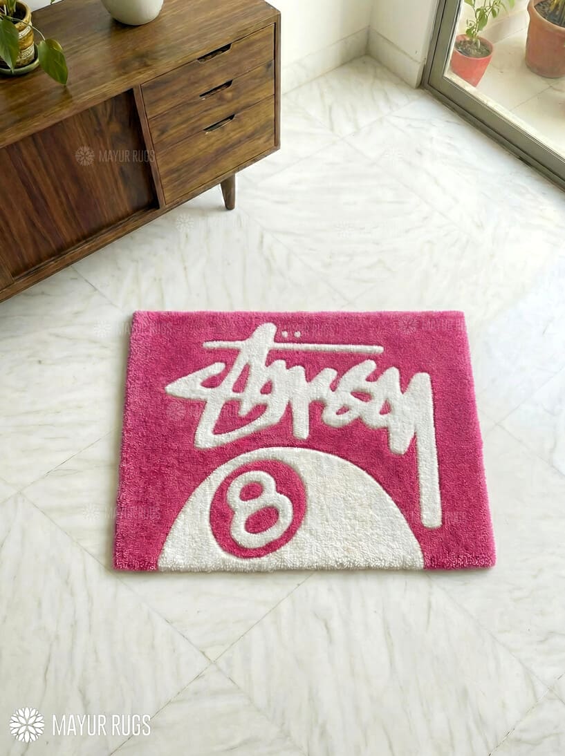Crimson 8 ball typography handmade wool rug with bold billiards design, premium custom area rug by Mayur Rugs