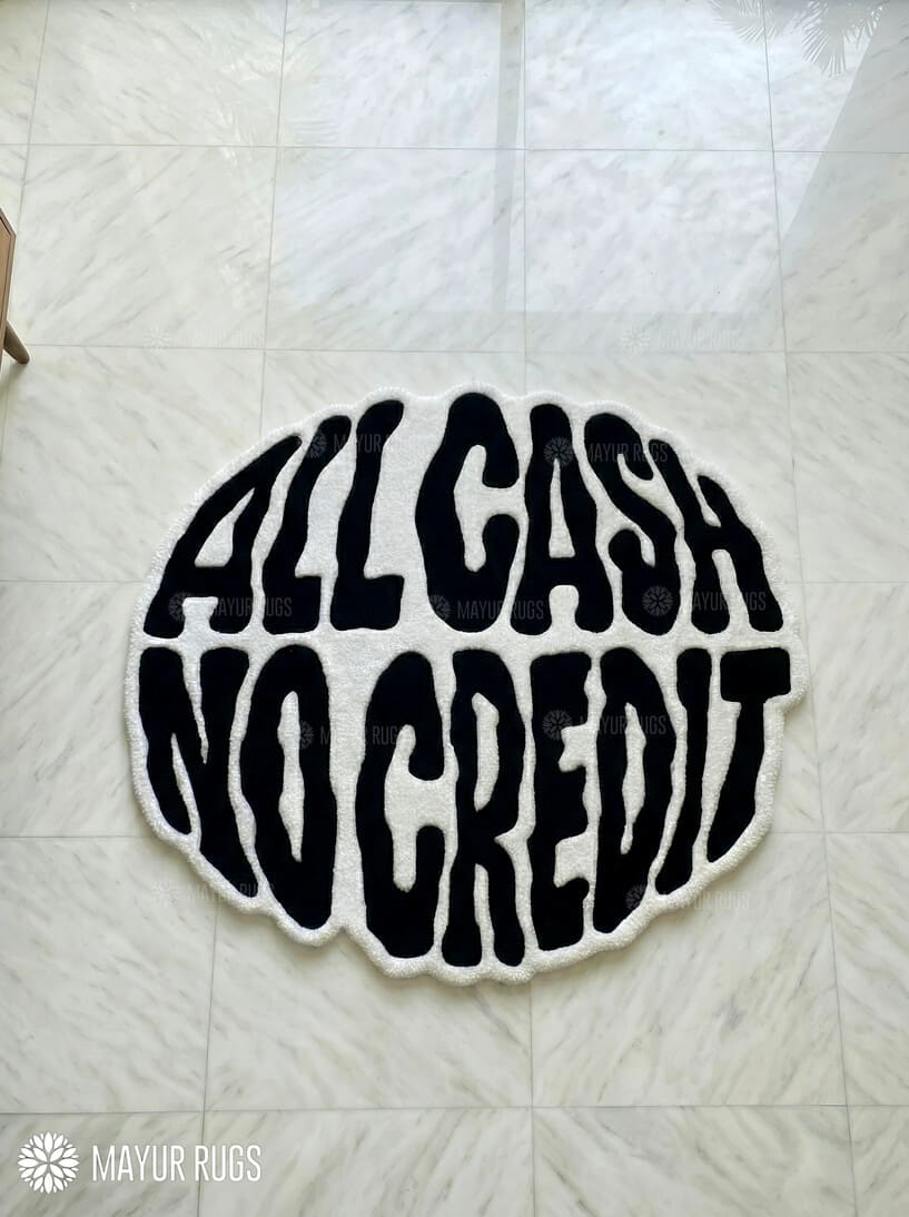 All Cash No Credit typography handmade wool rug with bold street style design, premium custom area rug by Mayur Rugs
