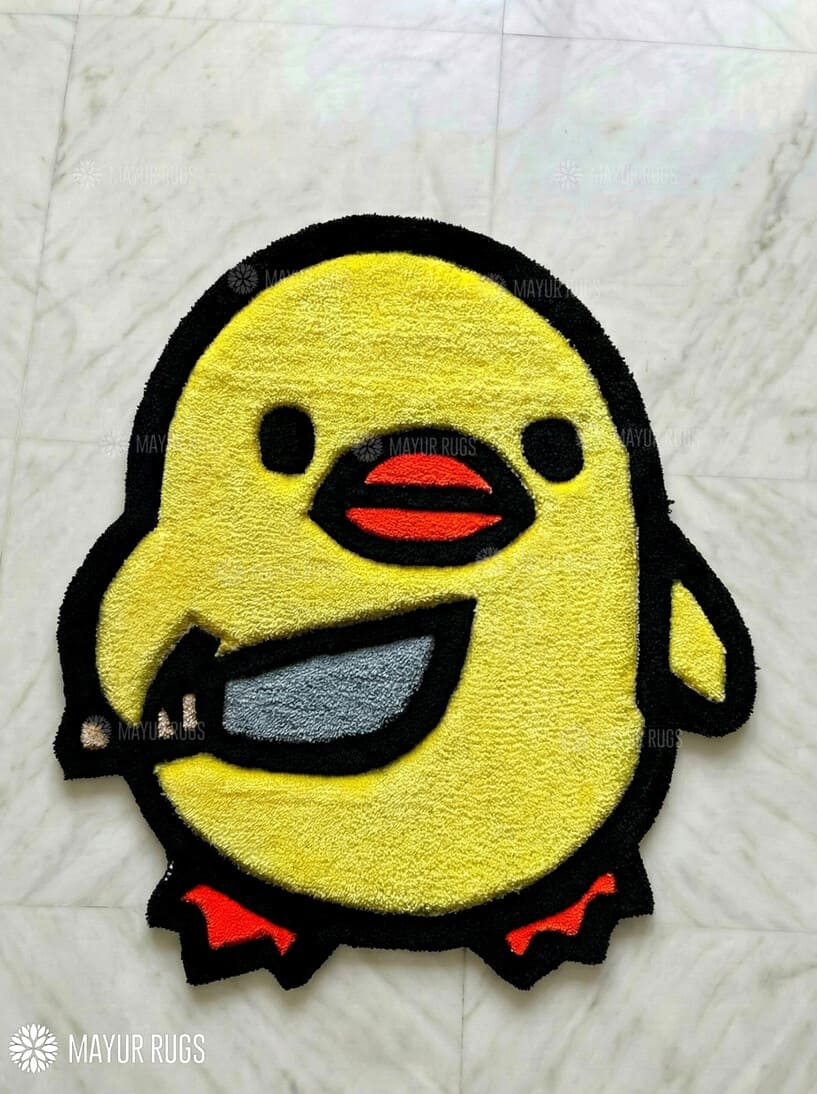 Duck with a knife cartoon inspired hand-tufted wool rug with bold meme character design, premium custom area rug by Mayur Rugs