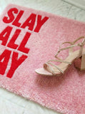 Slay All Day typography handmade wool rug with bold motivational text and modern statement design, premium custom area rug by Mayur Rugs
