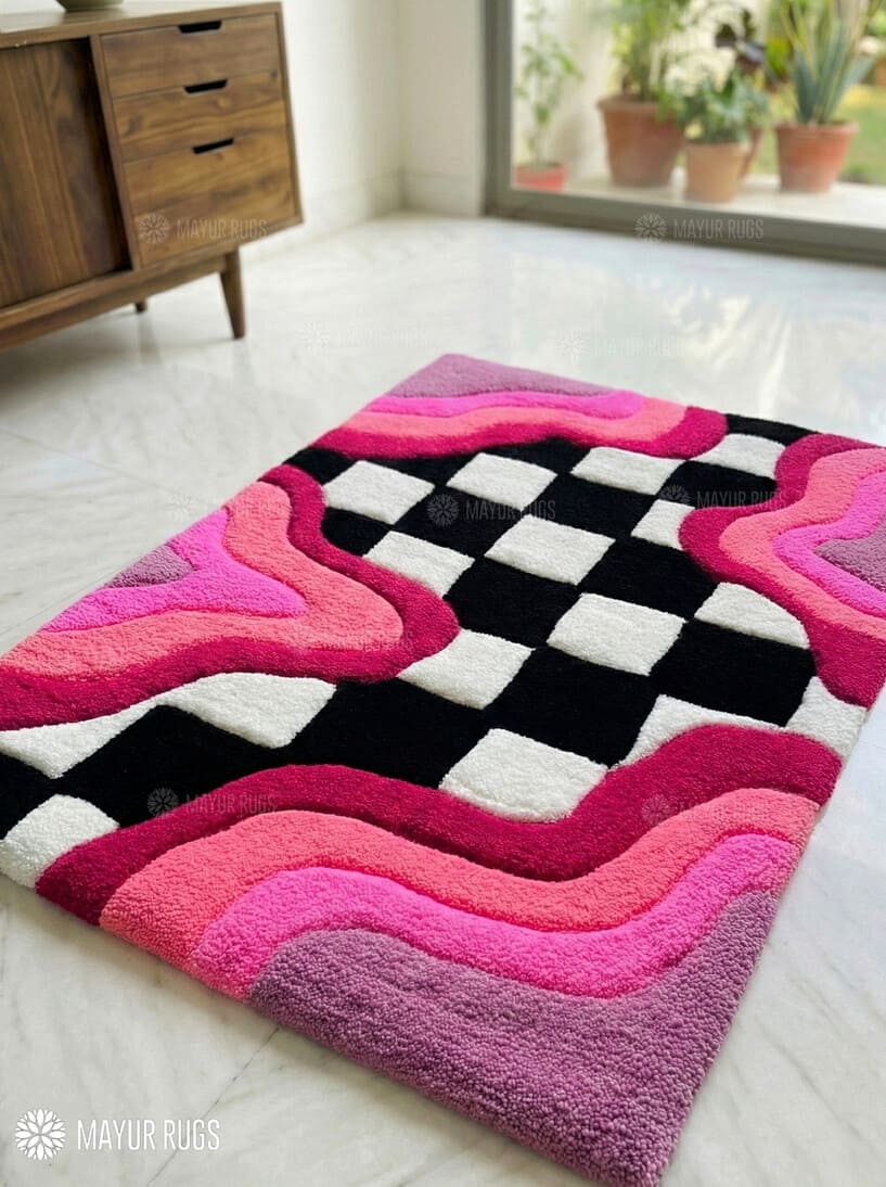 Pink checkerboard handmade wool rug with modern aesthetic design, premium custom area rug by Mayur Rugs