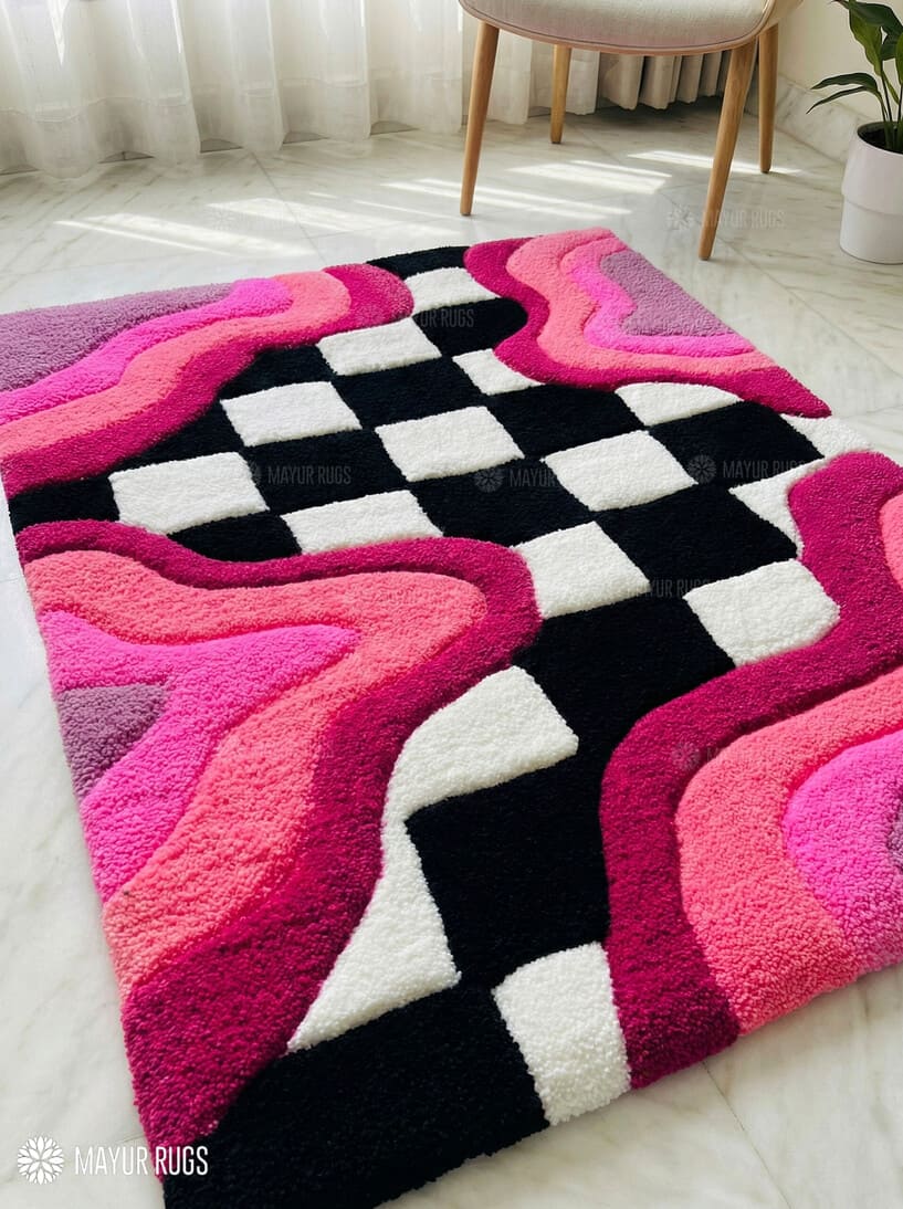 Pink checkerboard handmade wool rug with modern aesthetic design, premium custom area rug by Mayur Rugs