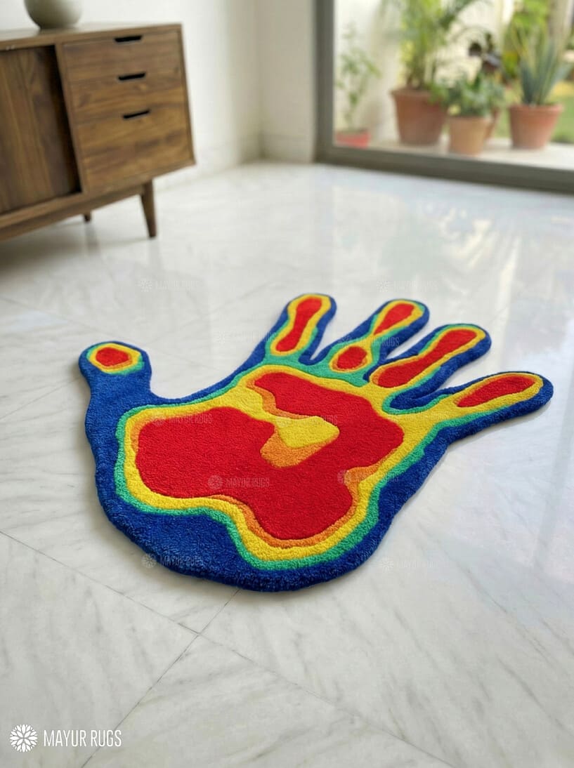 Colorful hand-shaped rug on a light-colored floor with a wooden cabinet and plants in the background.