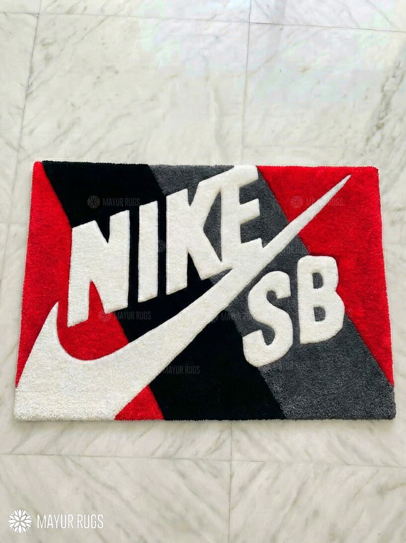Nike SB inspired hand-tufted wool rug with streetwear skate sneaker aesthetic design, premium custom area rug by Mayur Rugs