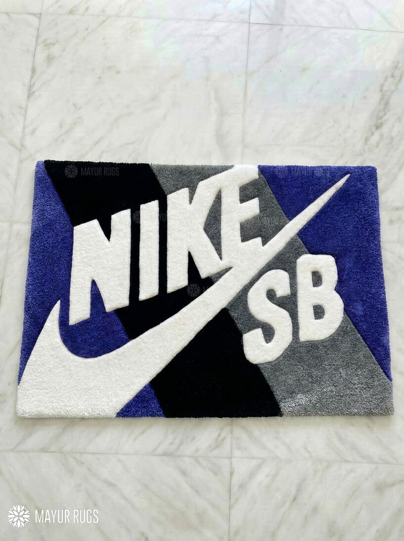Nike SB inspired hand-tufted wool rug with streetwear skate sneaker aesthetic design, premium custom area rug by Mayur Rugs