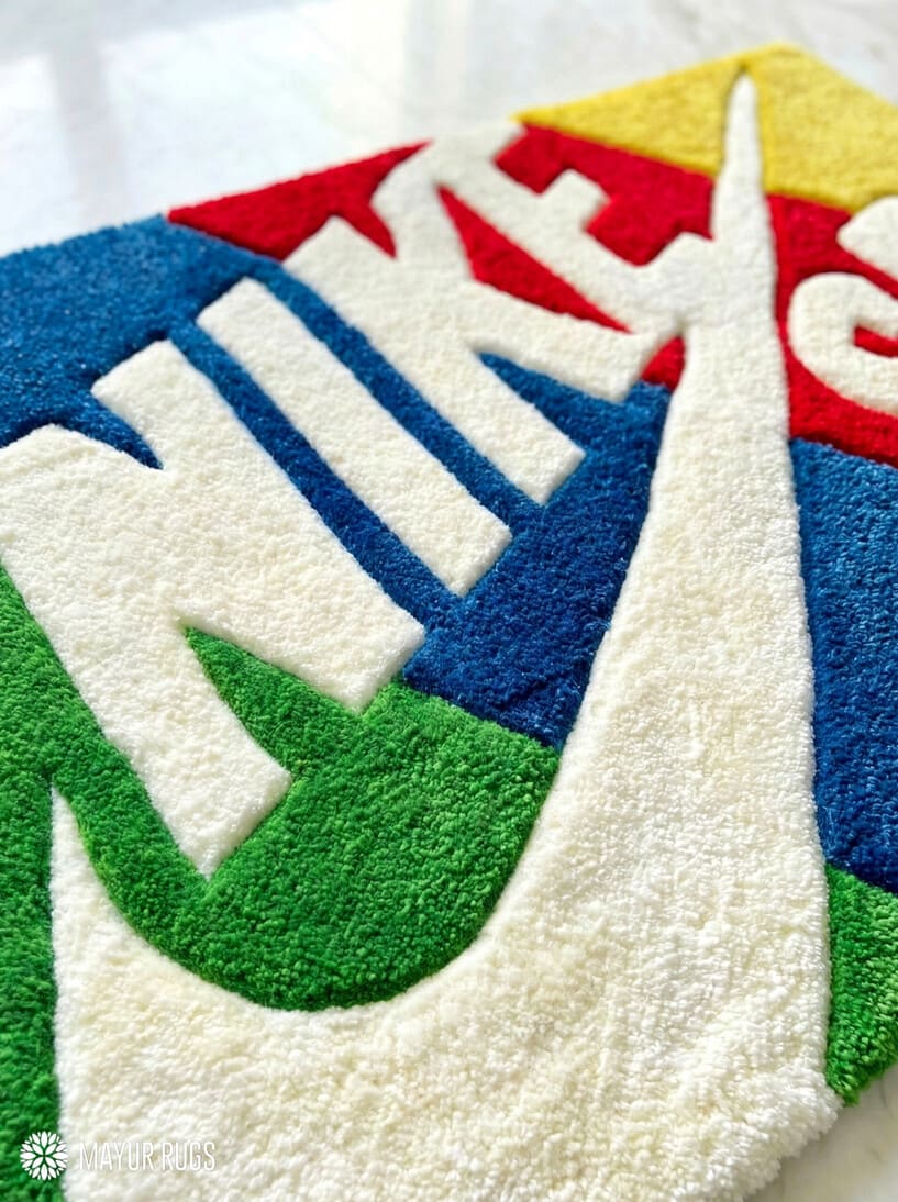 Nike SB inspired hand-tufted wool rug with streetwear skate sneaker aesthetic design, premium custom area rug by Mayur Rugs