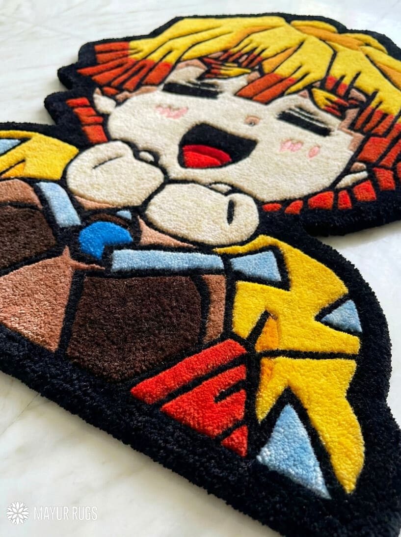 Zenitsu inspired hand-tufted wool rug with bold anime thunder design, premium custom area rug by Mayur Rugs