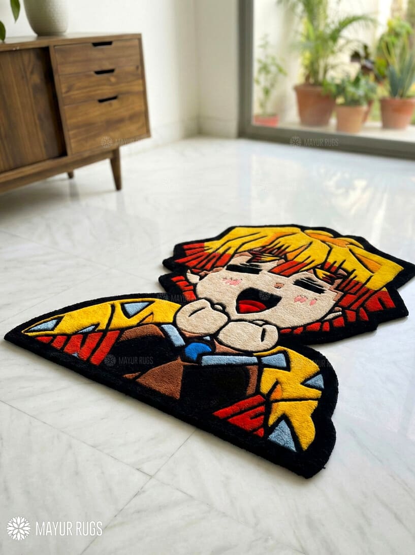 Zenitsu inspired hand-tufted wool rug with bold anime thunder design, premium custom area rug by Mayur Rugs