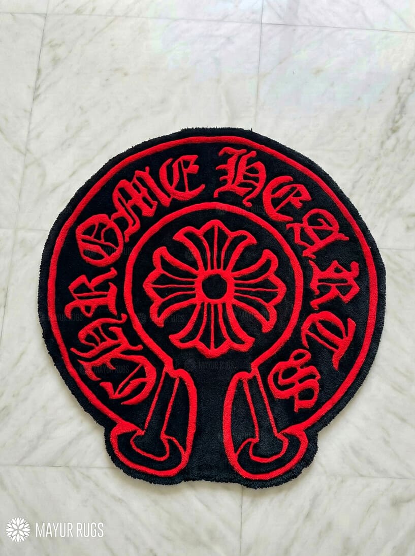 Chrome Hearts inspired hand-tufted wool red rug with gothic cross luxury street design, premium custom area rug by Mayur Rugs