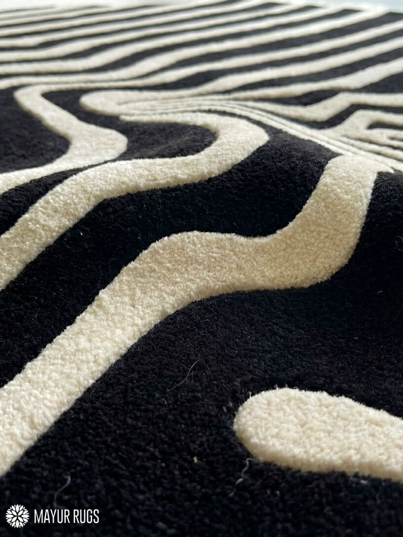 Liquid strip abstract hand-tufted wool rug with fluid modern design, premium custom area rug by Mayur Rugs