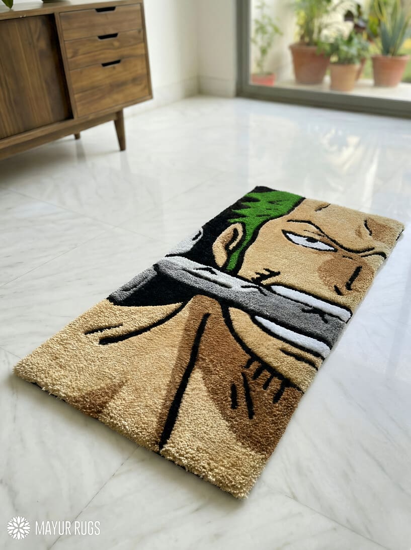 Zoro inspired One Piece hand-tufted wool rug with bold anime character design, premium custom area rug by Mayur Rugs