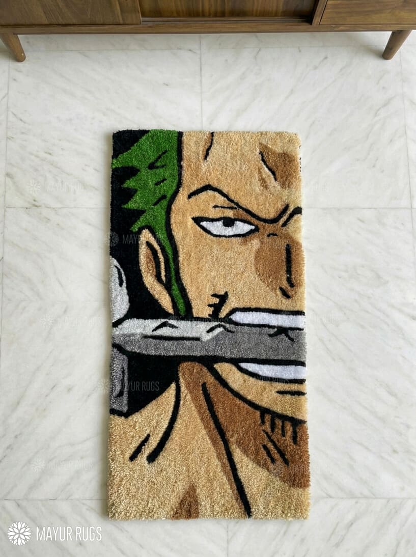 Rug with an anime character design on a white floor