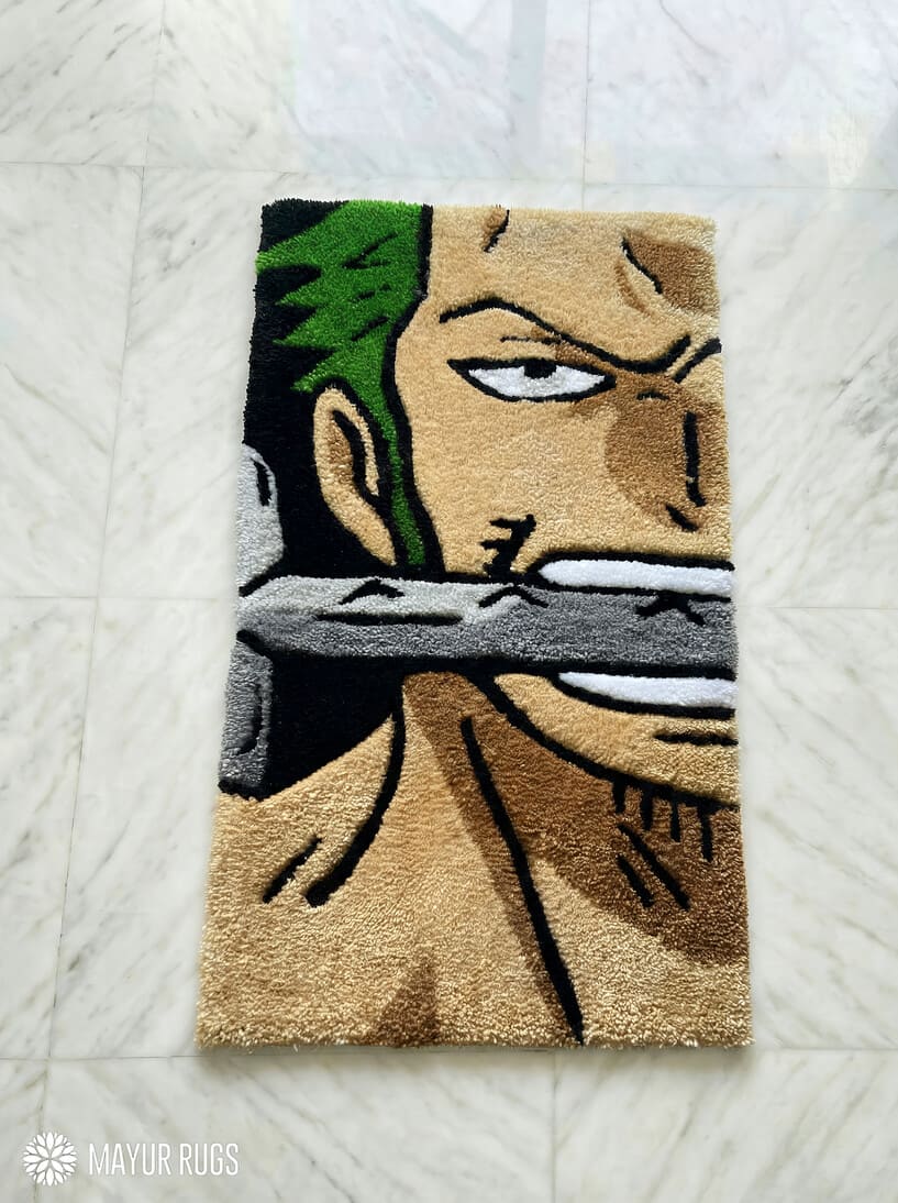 Zoro inspired One Piece hand-tufted wool rug with bold anime character design, premium custom area rug by Mayur Rugs