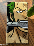Zoro inspired One Piece hand-tufted wool rug with bold anime character design, premium custom area rug by Mayur Rugs