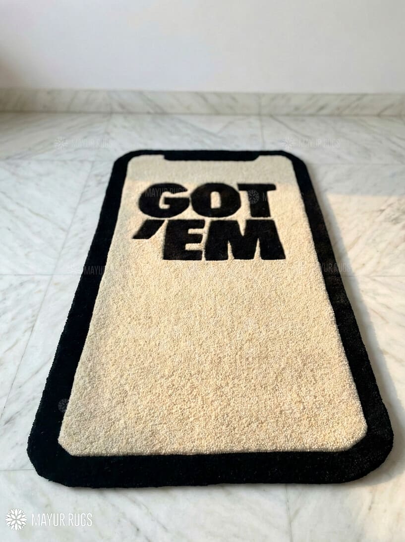 Got ’Em iPhone inspired hand-tufted wool rug with bold digital typography design, premium custom area rug by Mayur Rugs