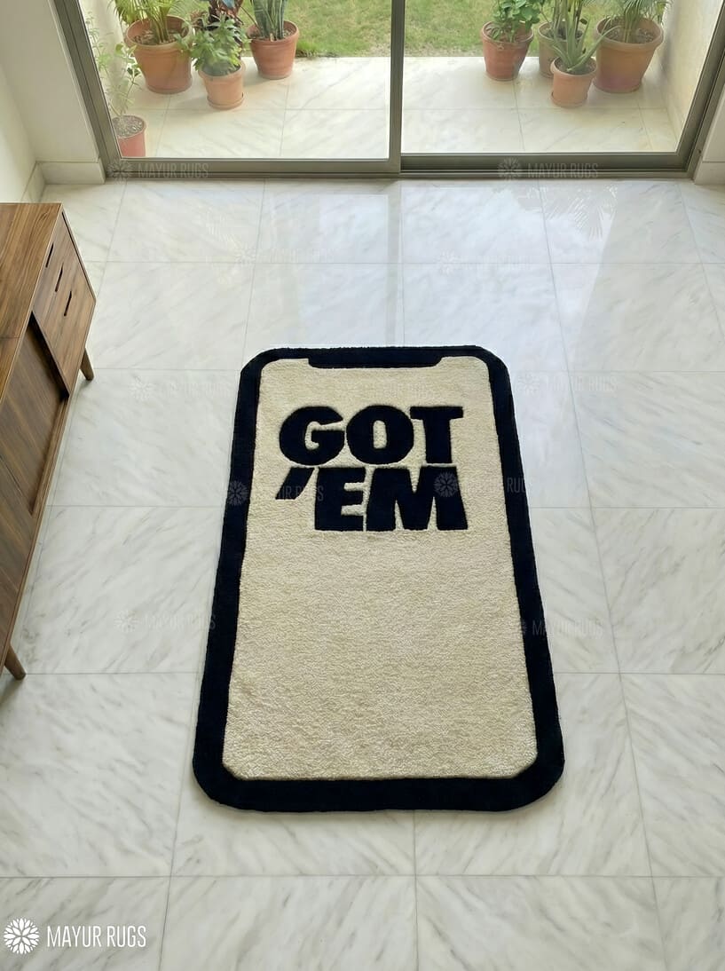 Got ’Em iPhone inspired hand-tufted wool rug with bold digital typography design, premium custom area rug by Mayur Rugs