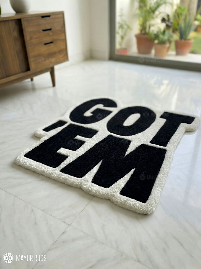 Got ’Em typography hand-tufted wool rug with bold street style design, premium custom area rug by Mayur Rugs