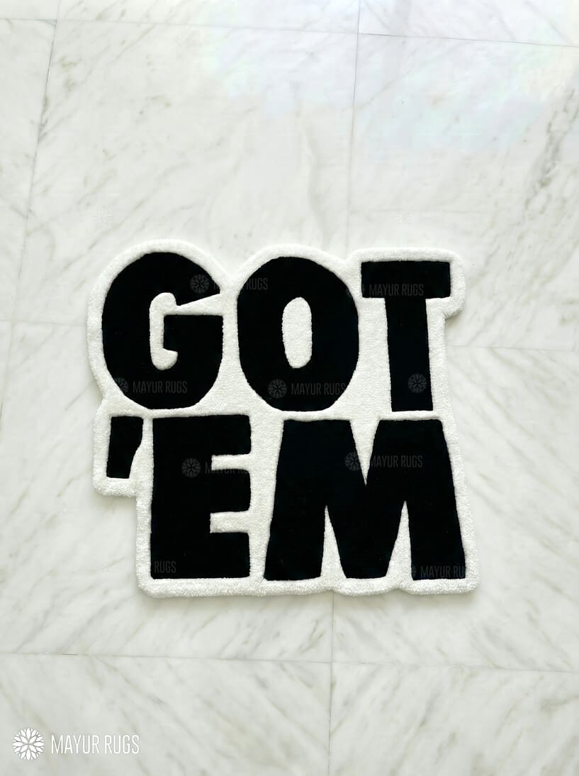 Got ’Em typography hand-tufted wool rug with bold street style design, premium custom area rug by Mayur Rugs
