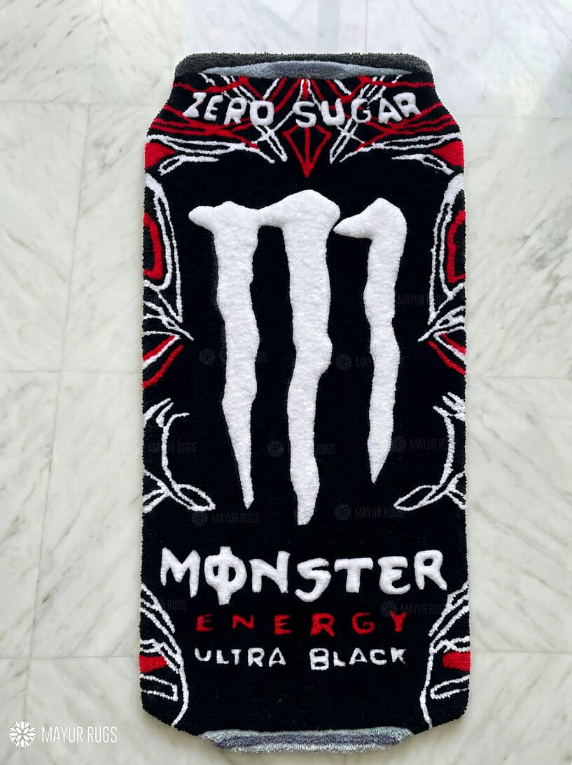 Black Monster Energy Drink inspired custom hand-tufted wool rug with ultra black gaming aesthetic design, premium custom area rug by Mayur Rugs