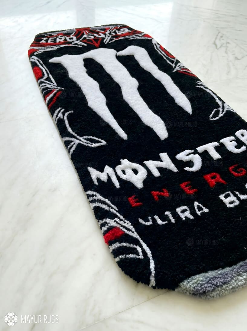 Black Monster Energy Drink inspired custom hand-tufted wool rug with ultra black gaming aesthetic design, premium custom area rug by Mayur Rugs