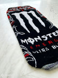 Black Monster Energy Drink inspired custom hand-tufted wool rug with ultra black gaming aesthetic design, premium custom area rug by Mayur Rugs