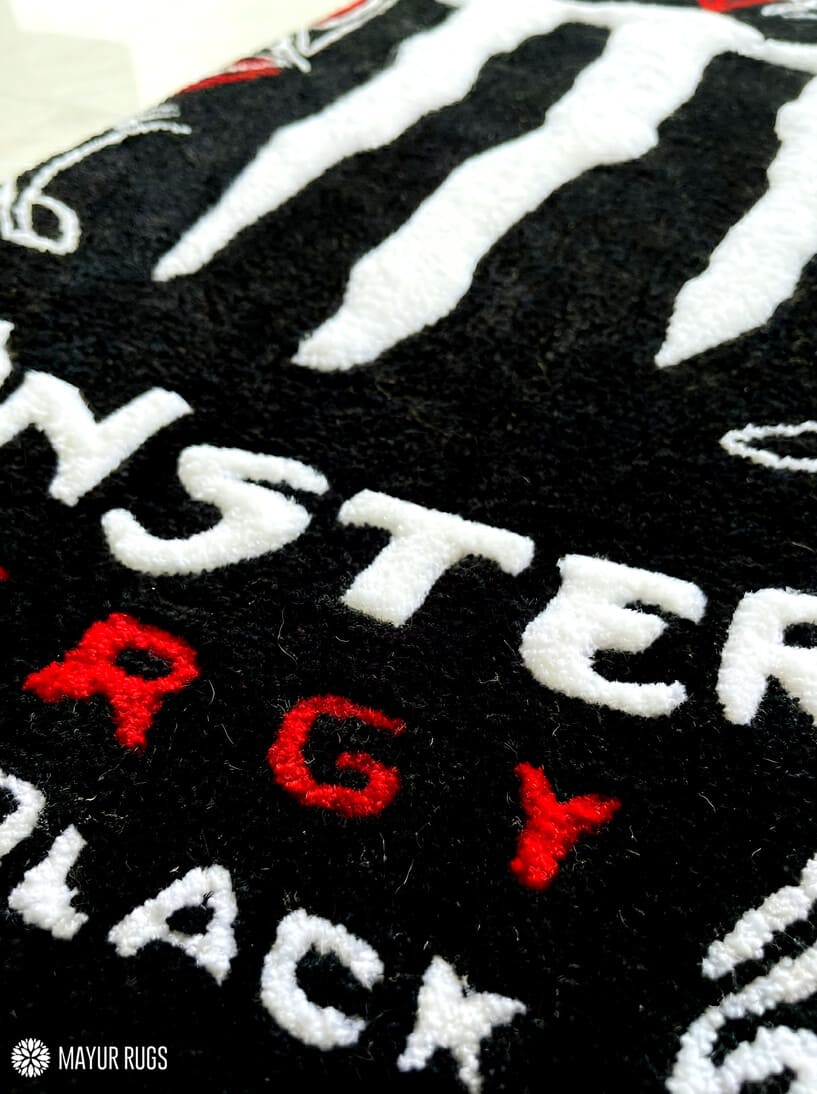 Black Monster Energy Drink inspired custom hand-tufted wool rug with ultra black gaming aesthetic design, premium custom area rug by Mayur Rugs