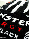 Black Monster Energy Drink inspired custom hand-tufted wool rug with ultra black gaming aesthetic design, premium custom area rug by Mayur Rugs