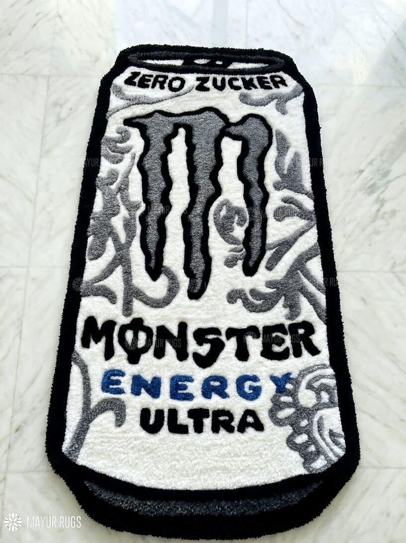 Monster Energy Ultra energy drink inspired hand-tufted wool rug with clean energy aesthetic and bold graphic design, premium custom area rug by Mayur Rugs