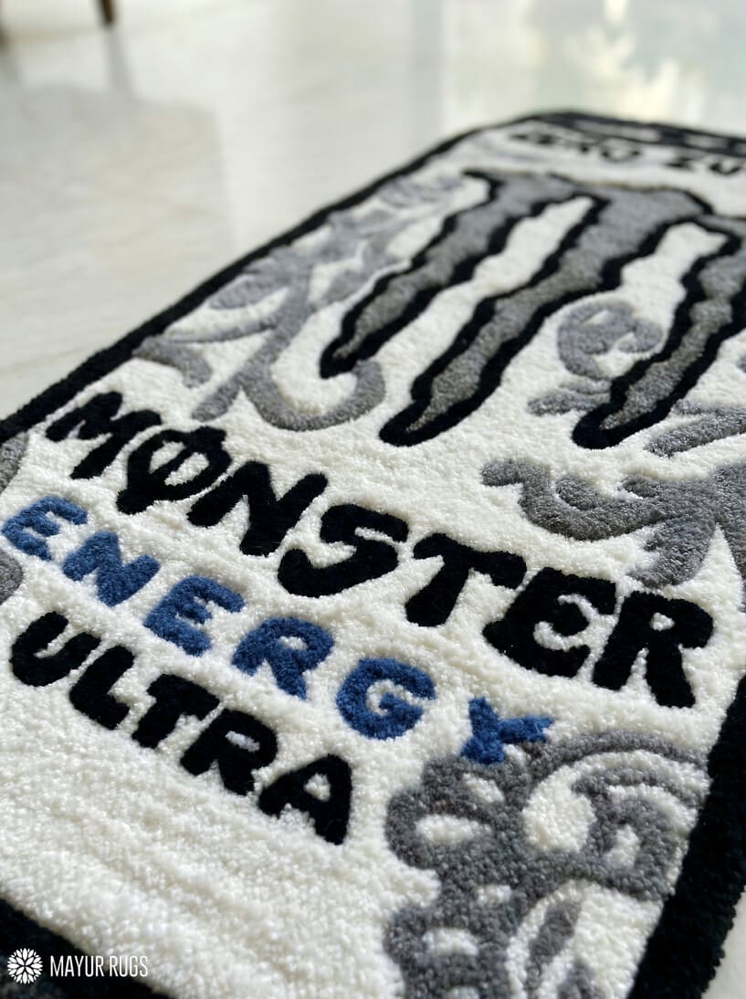 Monster Energy Ultra energy drink inspired hand-tufted wool rug with clean energy aesthetic and bold graphic design, premium custom area rug by Mayur Rugs