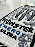 Monster Energy Ultra energy drink inspired hand-tufted wool rug with clean energy aesthetic and bold graphic design, premium custom area rug by Mayur Rugs