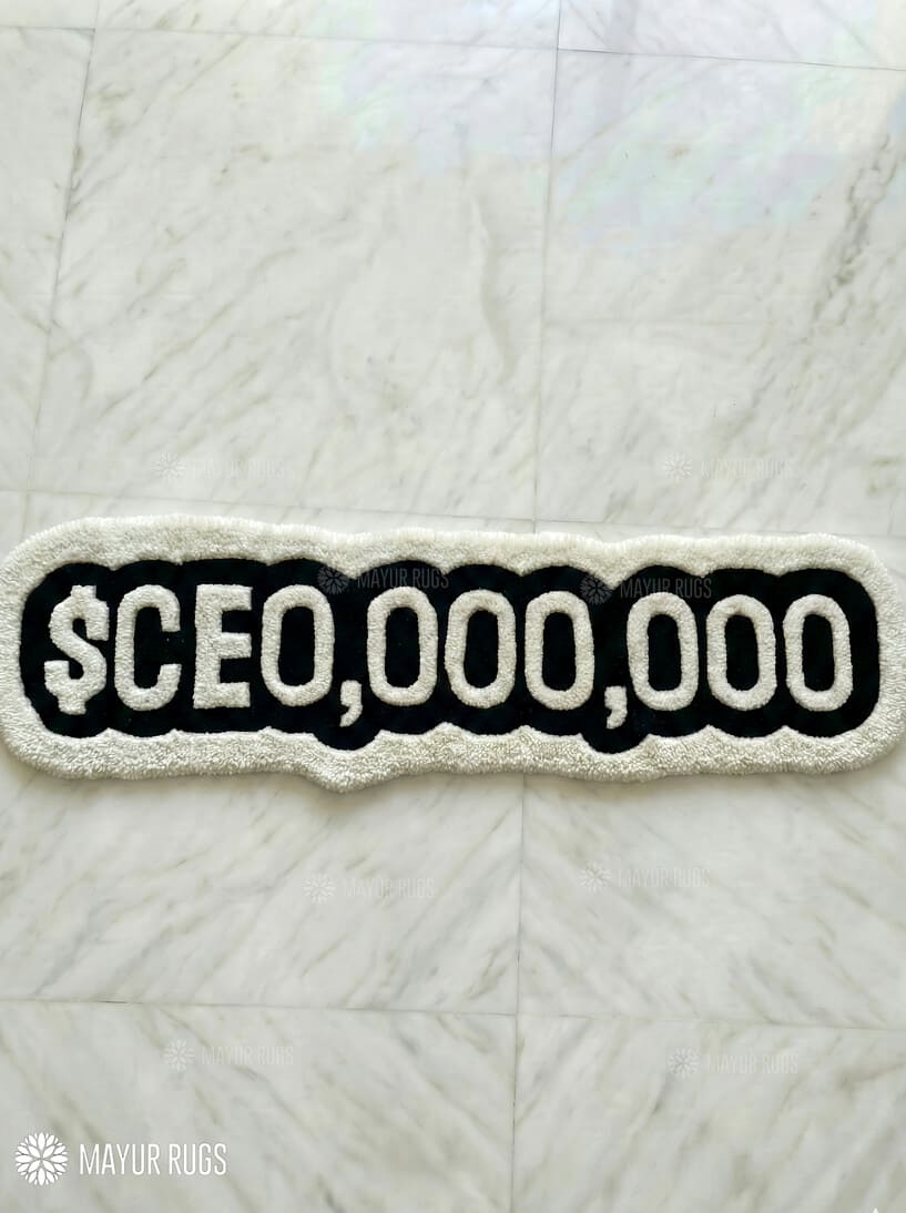 CEO typography hand-tufted wool rug with bold executive design, premium custom area rug by Mayur Rugs
