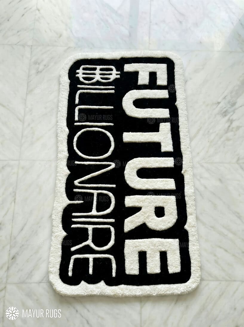 Future Billionaire typography hand-tufted wool rug with bold motivational design, premium custom area rug by Mayur Rugs