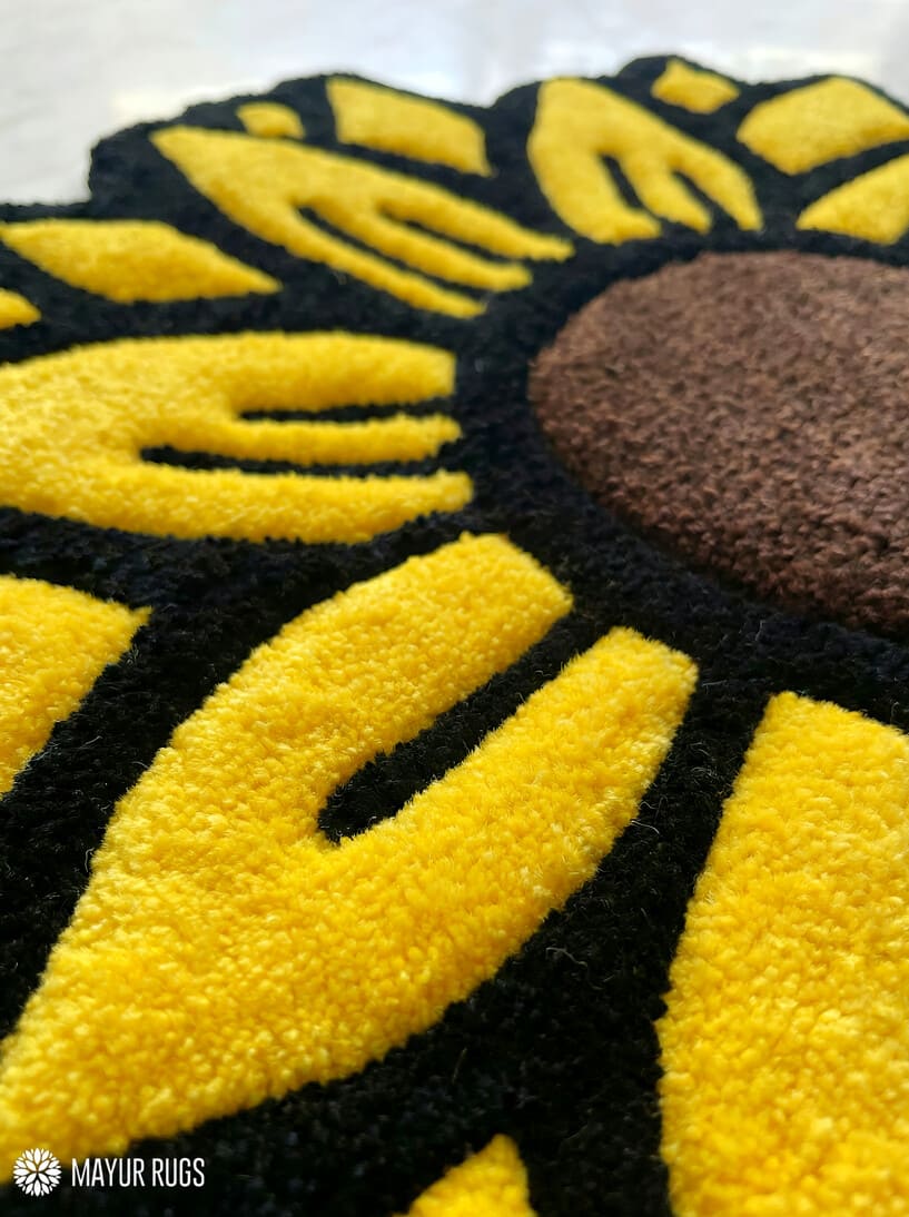 Sunflower hand-tufted wool rug with vibrant yellow floral design, premium custom area rug by Mayur Rugs