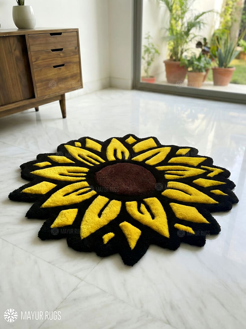 Sunflower hand-tufted wool rug with vibrant yellow floral design, premium custom area rug by Mayur Rugs