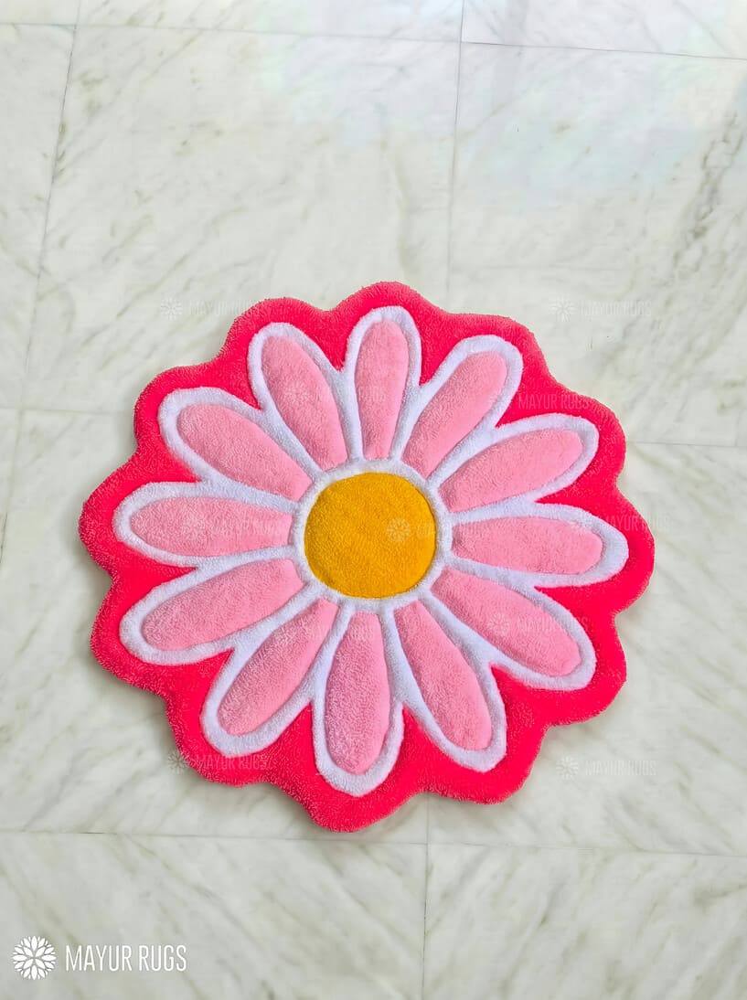 Cute bloom pink flower hand-tufted wool rug with soft floral design, premium custom area rug by Mayur Rugs