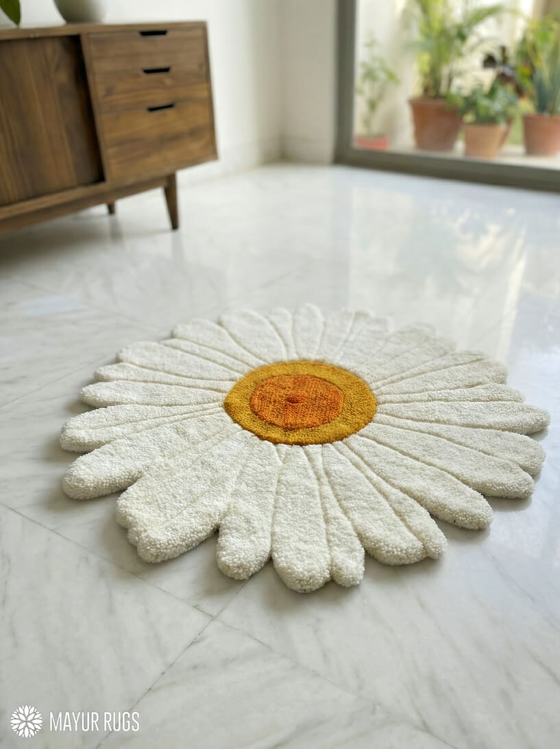 Daisy flower hand-tufted wool rug with white petals floral design, premium custom area rug by Mayur Rugs