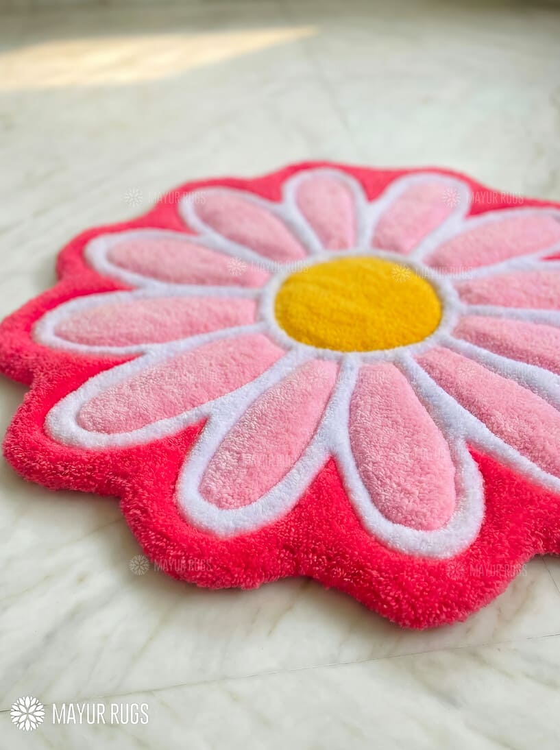 Cute bloom pink flower hand-tufted wool rug with soft floral design, premium custom area rug by Mayur Rugs