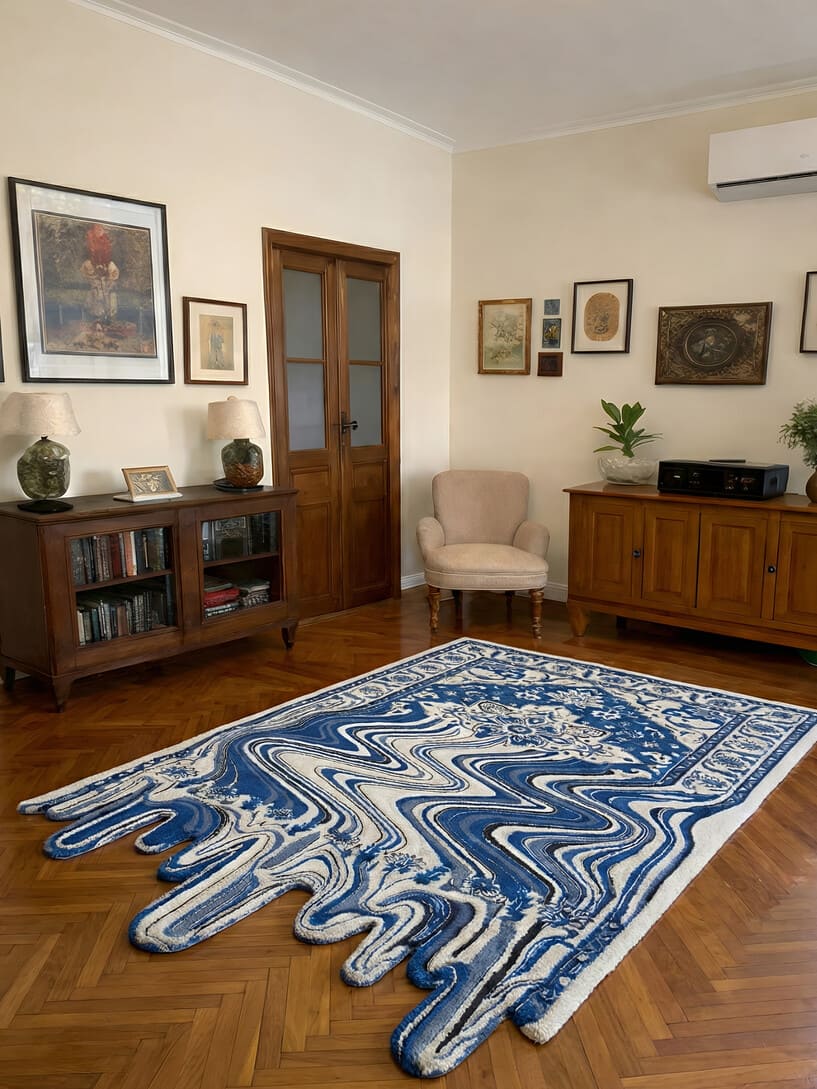 Persian melting traditional hand-tufted wool rug with abstract distressed Persian pattern, premium designer rug by Mayur Rugs