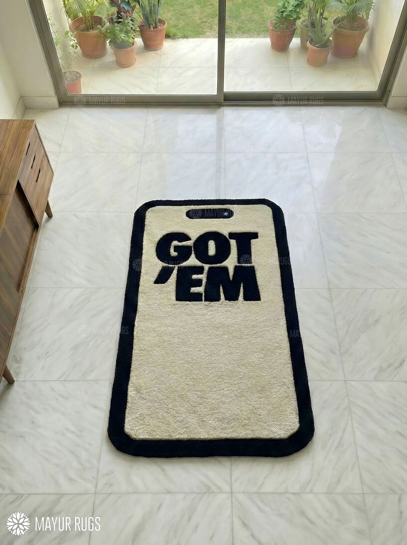 Got ’Em iPhone inspired hand-tufted wool rug with bold digital typography design, premium custom area rug by Mayur Rugs
