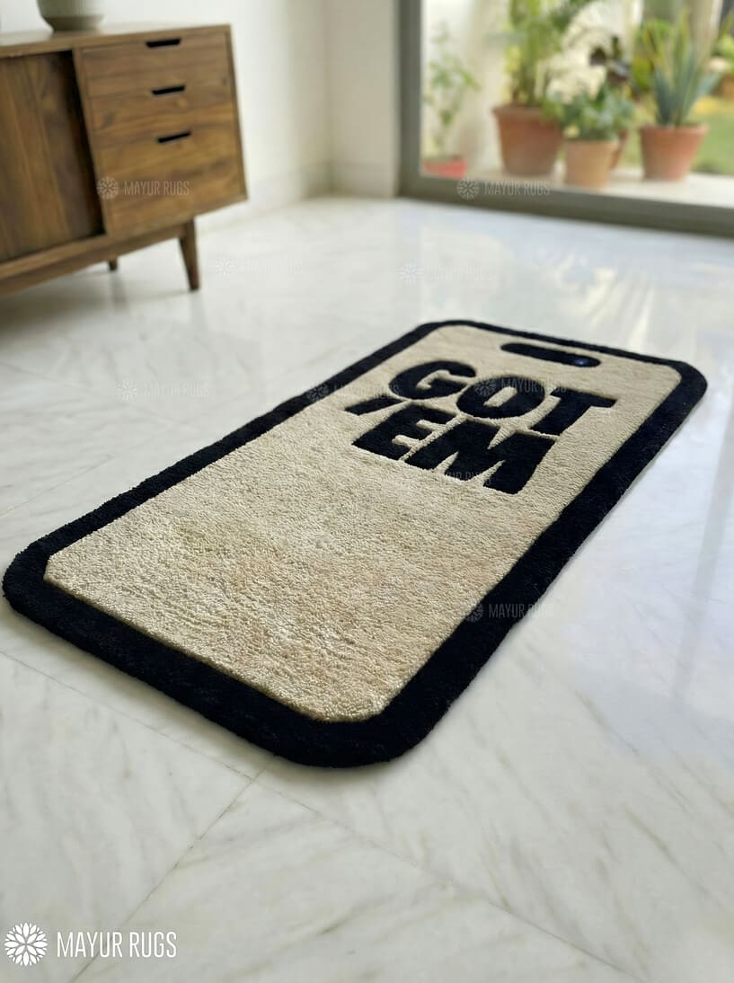Got ’Em iPhone inspired hand-tufted wool rug with bold digital typography design, premium custom area rug by Mayur Rugs
