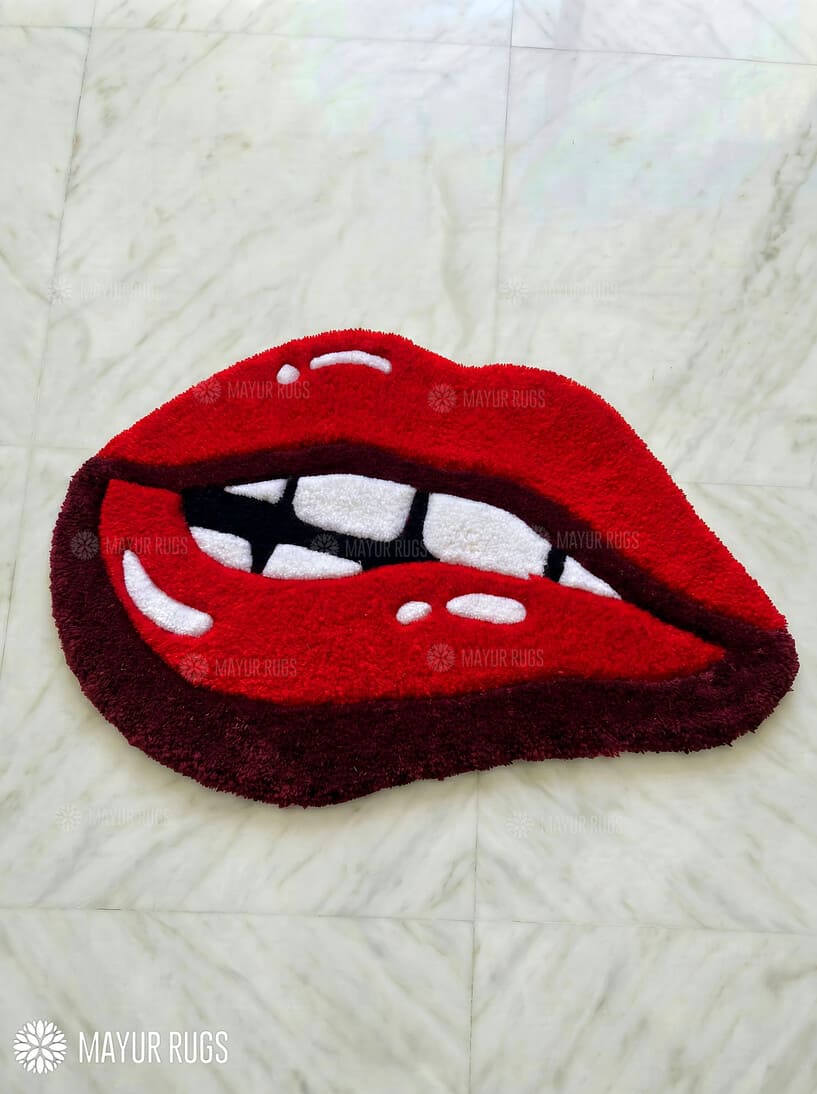 Red lip art hand-tufted wool rug with bold glam pop art design, premium custom area rug by Mayur Rugs