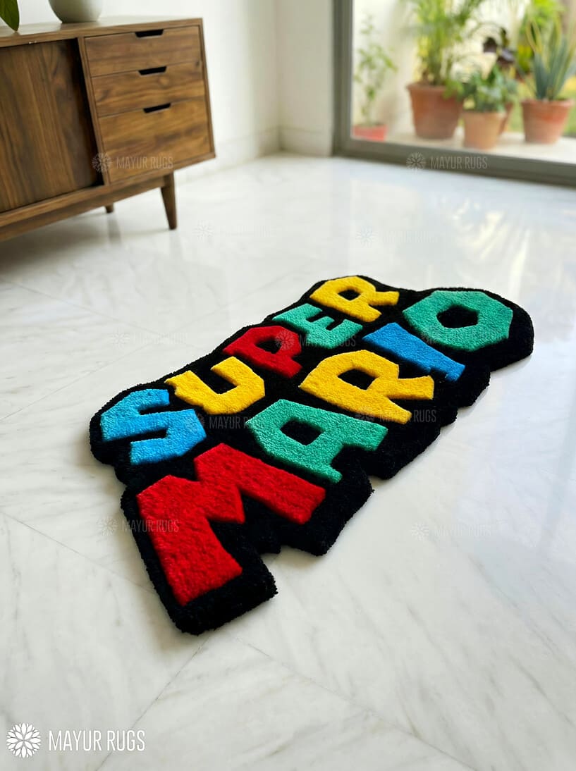 Super Mario inspired hand-tufted wool rug with bold retro gaming character design, premium custom area rug by Mayur Rugs