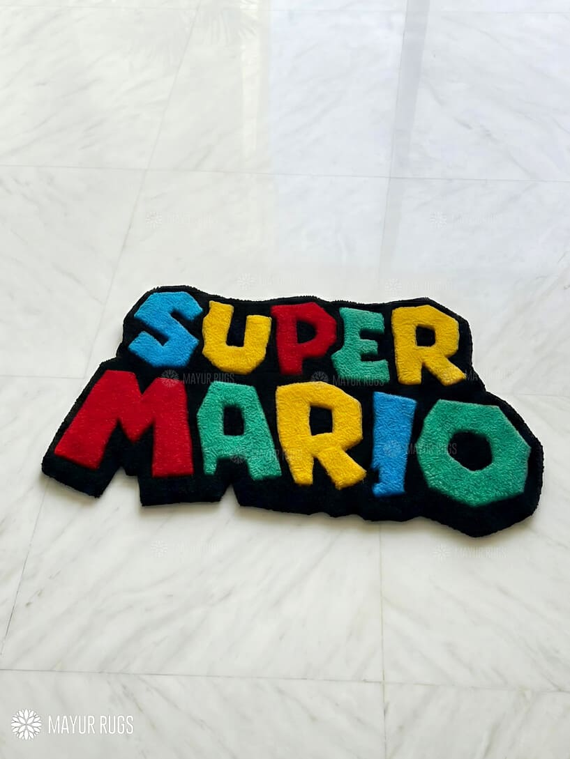 Super Mario inspired hand-tufted wool rug with bold retro gaming character design, premium custom area rug by Mayur Rugs