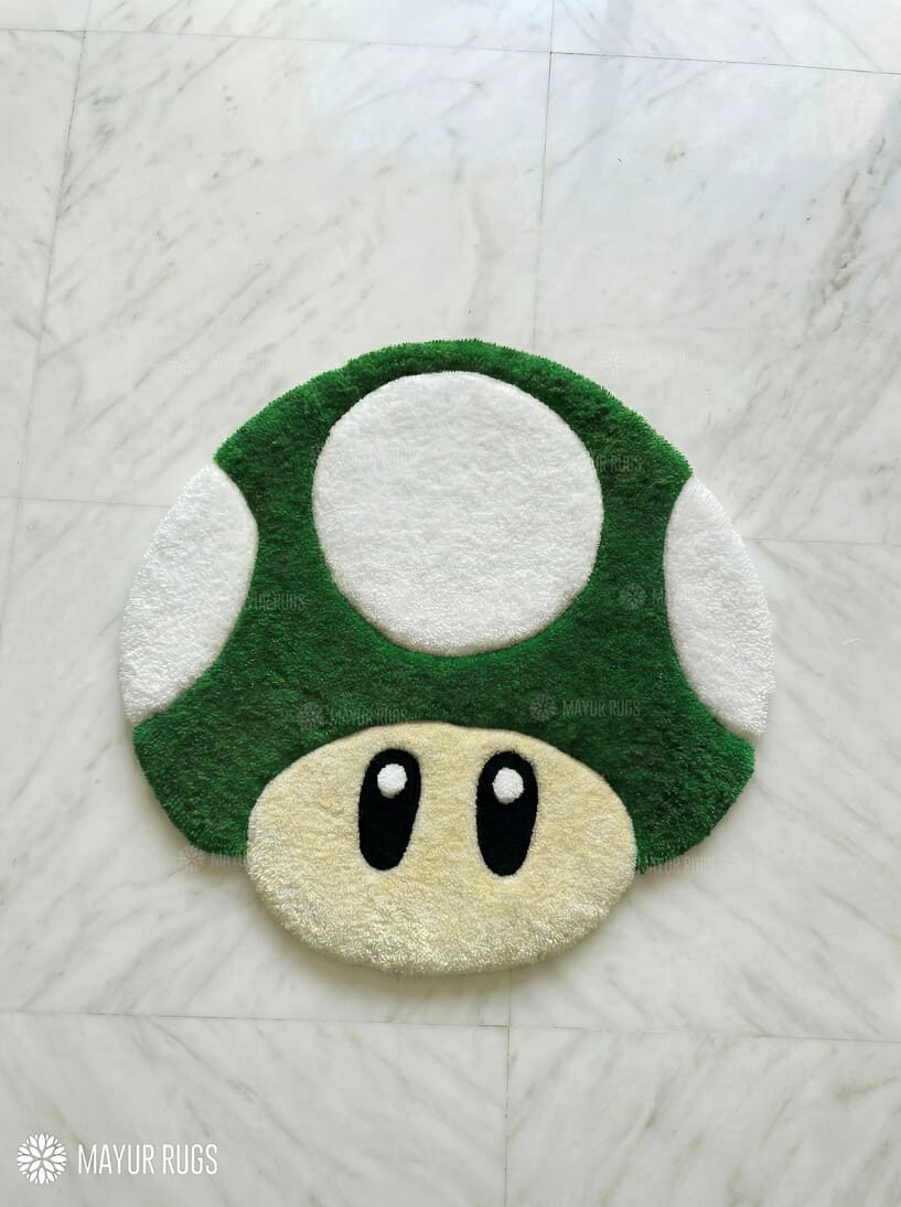 Mario mushroom inspired hand-tufted wool rug with bold retro gaming character design, premium custom area rug by Mayur Rugs